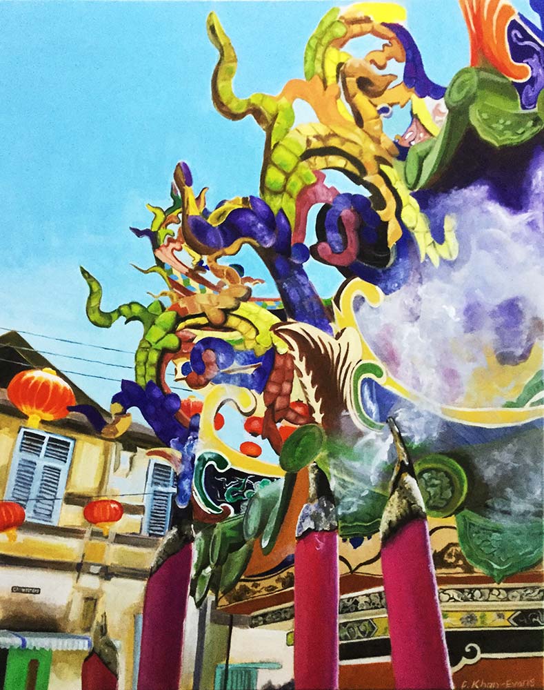 Burning Incense, Penang, oil on canvas