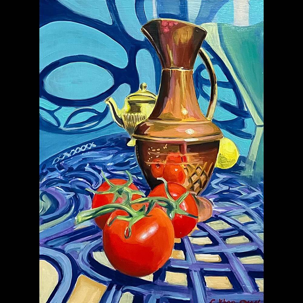 Copper Jug with Tomatoes, painting, oil on wood
