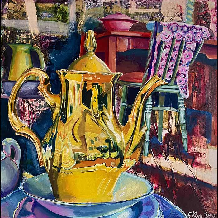 Painting of Golden Coffee Pot, mixed media on wood