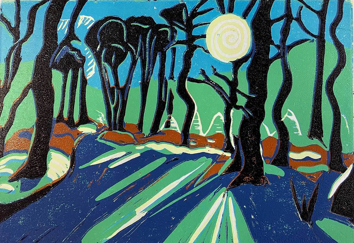 Winterfold Woods, near Polesden Lacey, Surrey - linocut