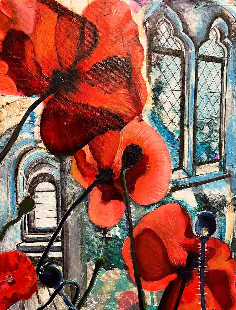 mixed media painting of red poppies at the Tower of London